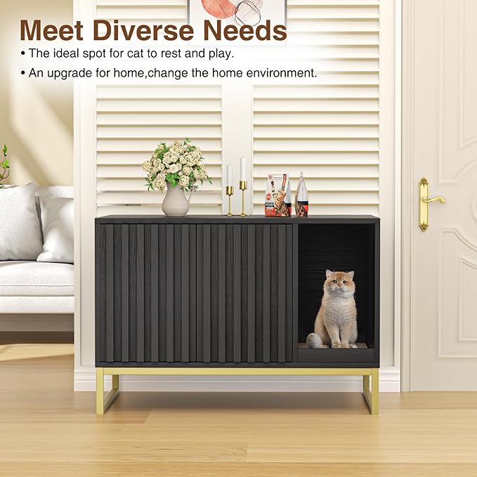 Halitaa Litter Box Enclosure, Modern Cat Litter Box Furniture Hidden Litter Box with Scratch Pad, Cat Washroom House End Table, Entryway Bench for Livingroom (Black)