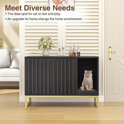 Halitaa Litter Box Enclosure, Modern Cat Litter Box Furniture Hidden Litter Box with Scratch Pad, Cat Washroom House End Table, Entryway Bench for Livingroom (Black)