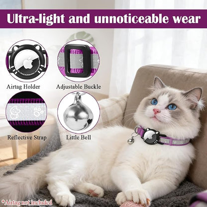 Airtag Cat Collar, Reflective Cat Collar with Apple Air Tag Holder, Breakaway GPS Tracker Pet Collar with Bell for Cat Kitten, Airatg Not Included, Purple, XS(7-9 Inch)