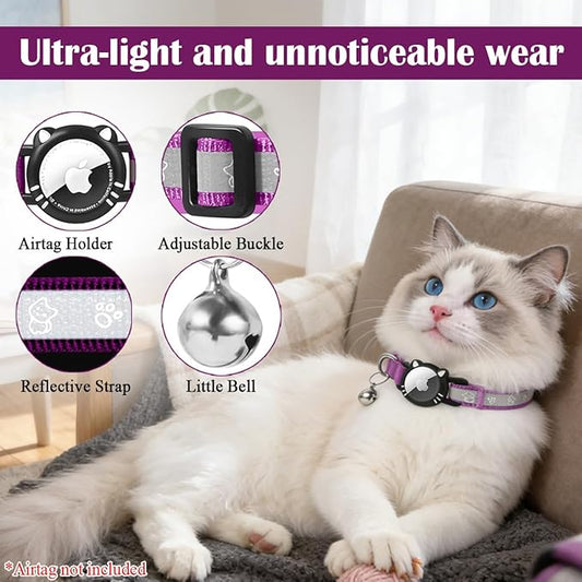 Airtag Cat Collar, Reflective Cat Collar with Apple Air Tag Holder, Breakaway GPS Tracker Pet Collar with Bell for Cat Kitten, Airatg Not Included, Purple, XS(7-9 Inch)