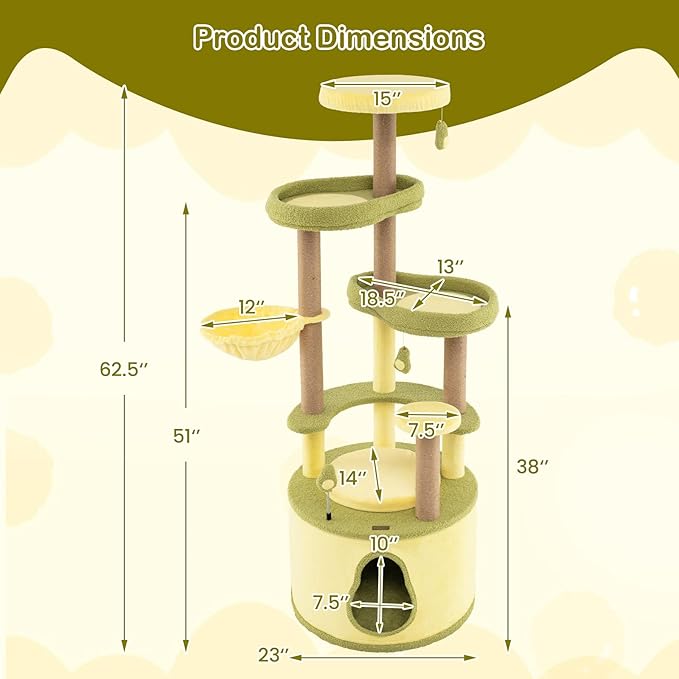 PETSITE 62.5 Inch Avocado-Themed Cat Tree, Multi-Level Modern Cat Tower with Jute Scratching Posts, Cat Condo, Dangling and Spring Toy, and Removable Cushions, Cute Cat Tree Tower for Indoor Cats