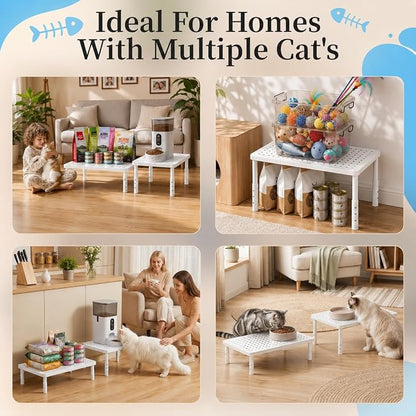 Adjustable Automatic Cat Feeder Stand - Elevated Cat Feeder Stand with 3 Height Settings, Fits Most Automatic Feeders & Tradition Bowls, Raised Pet Feeding Table Station for Cats & Small Dogs - White