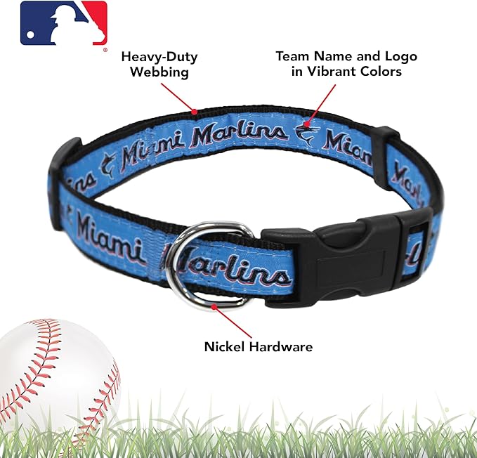 MLB Miami Marlins Licensed PET COLLAR- Heavy-Duty, Strong, and Durable Dog Collar. Available in 29 Baseball Teams and 4 Sizes