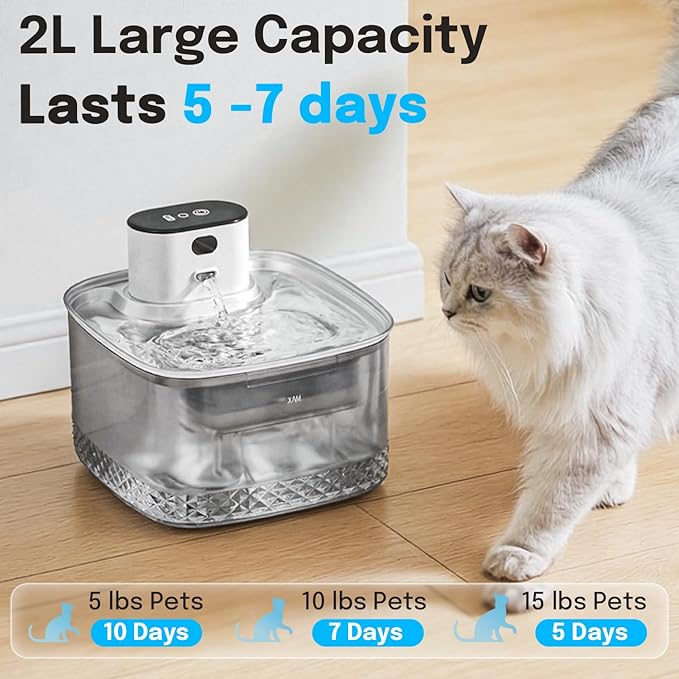 Wireless Cat Water Fountain, 2L Rechargeable Pet Fountain with Stainless Steel Tray, Ultra Quiet Pump, Motion Sensor & Anti-Dry Burn, Auto Water Dispenser for Cats Dogs, White (1 Filter)