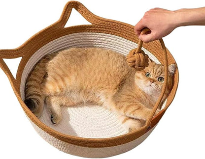 Handwoven Cotton Rope Cat Bed - Breathable & Easy to Clean, Foldable Scratchable Hammock with Cat Ear Design, with a Playing Ball for Kittens Brown
