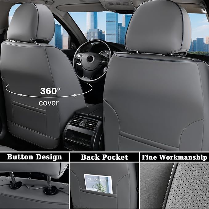 Coverado Car Seat Cover Full Set, Waterproof Front and Back Seat Covers for Cars, 5-Pack Leather Seat Covers, Car Seat Protectors, Driver Seat Cushions Fit for Most Vehicles Gray
