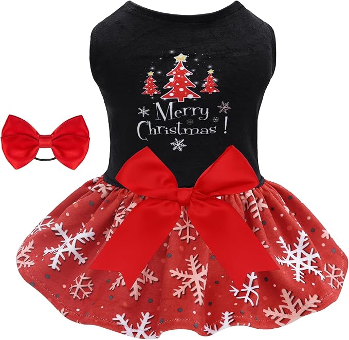 CuteBone Christmas Dog Dresses Velvet Holiday Small Dogs Clothes Onesie Pet Apparel Girl Puppy Skirt with Bow Hair Rope CVA54XS-D