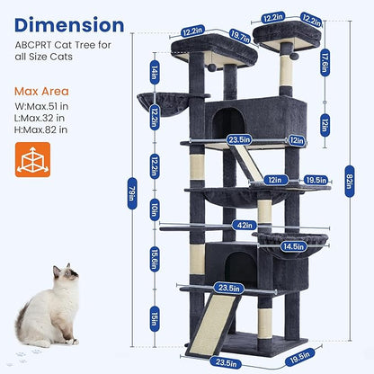 ABCPET Cat Tree 82 in Multi-Level Cat Tower for Indoor Cats, Heavy Duty Large Cat Tree with Sisal Scratching Posts, Hammock, 2 Perches, 2 Condos, 2 Hanging Baskets, Dark Grey