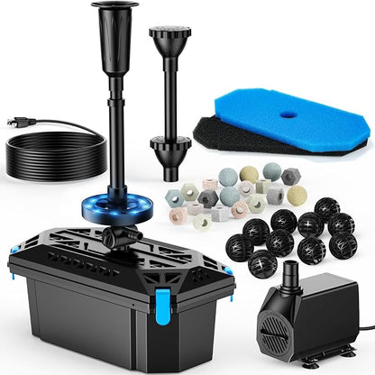 RGB Pond Filter with Pump Fountain Kits, 660GPH Pond Filter Box With 40W Pond Pump & RGB Auto-Cycle LED Lights, Koi Pond Filters for Outdoor Ponds Clean, Clear, and Add Water Features