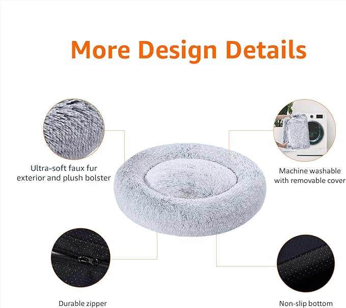 Amazon Basics Washable Donut Pet Bolster Faux Fur Bed with Removable Cover, Anti-Slip Bottom for Dog, Grey, 36" x 36"