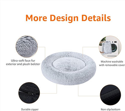Amazon Basics Washable Donut Pet Bolster Faux Fur Bed with Removable Cover, Anti-Slip Bottom for Dog, Grey, 45" x 45"