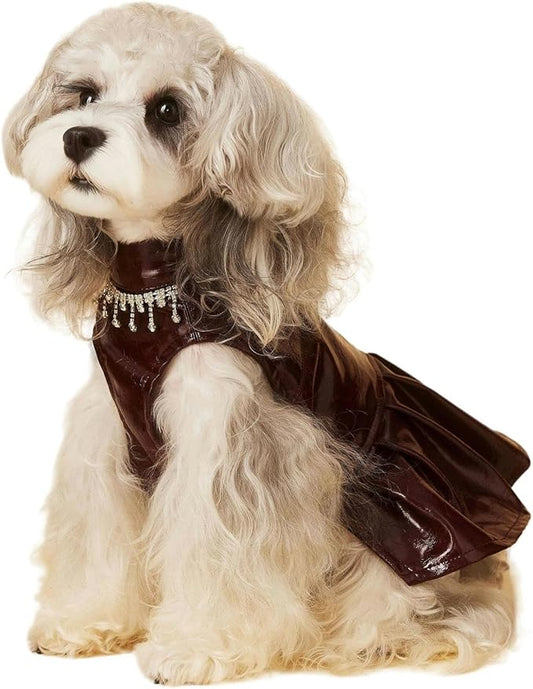 Luxury Dog Dress Girl Puppy Pu Leather Motorcycle Jacket Princess Tutu Skirt Apparel Designer Pet Birthday Wedding Costume with Necklace for Medium Dogs L