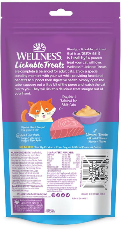 Wellness Lickable Treats Soft Puree Natural Grain Free Adult Cat Treats, Tuna Recipe, Contains 6-0.4 Ounce Squeezable Tubes
