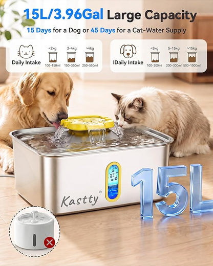 Kastty 15L/4 Gal Stainless Steel Dog Water Fountain, Large Capacity Dog Water Bowl Dispenser with Visual Window & LED Light 5-Stage Filtration,Ultra Quiet Pet Water Fountain Easy Clean(FS78,Yellow)