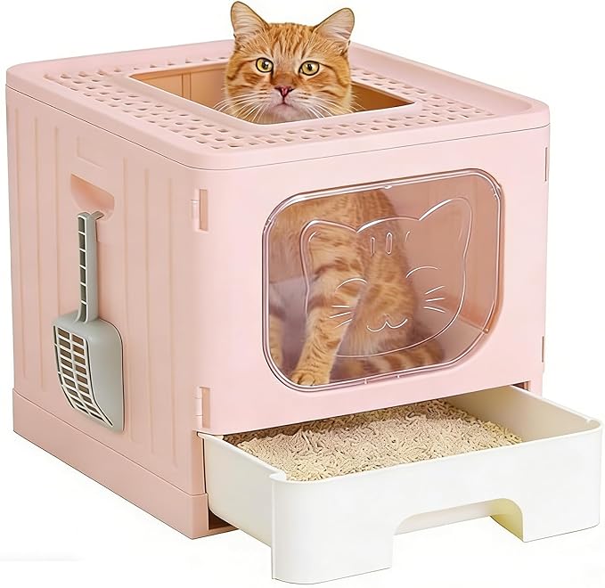 Cat Litter Box with Scoop, Large Foldable Litter Box with Lid & Drawer Tray, Top Entry Cat Litter Box, Odor Control, Easy to Clean for Small to Medium Cats (Pink, 19" L x 15.3" W x 15" H)