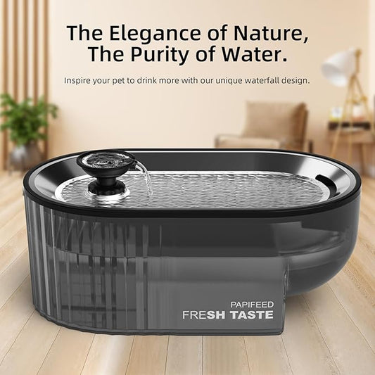 Cat Water Fountain Stainless Steel with a Silicone Mat, 84oz/2.5L Automatic Cat Water Fountain with Water Level Window and LED Light, Quiet Low Power Cat Water Bowl & Cat Water Dispenser(Black)