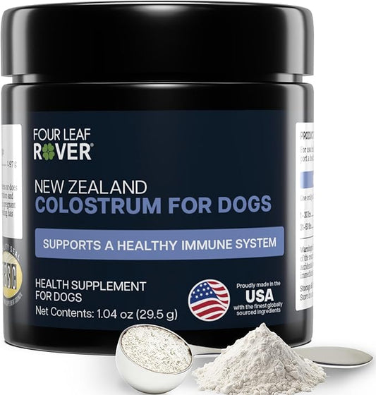 FOUR LEAF ROVER Colostrum for Dogs - Bovine Colostrum from 100% Grass-Fed New Zealand Cows - Skin, Gut & Immune Support - 60 Day Large Dog Supply