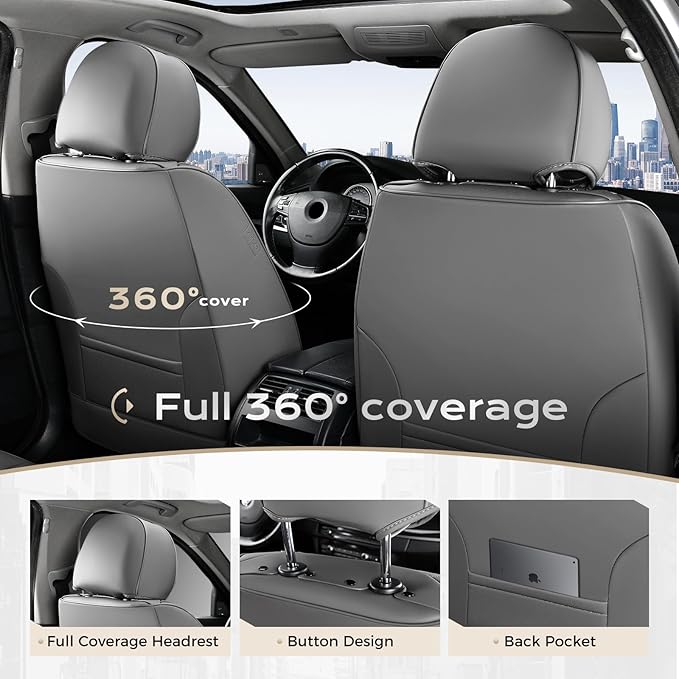 Coverado Car Seat Covers Full Set, Automotive Seat Cover with Lumbar Support, Nappa Leather Seat Cover for Cars, Waterproof Car Seat Protector, Car Seat Cushion Universal Fit for Most Vehicles (Gray)