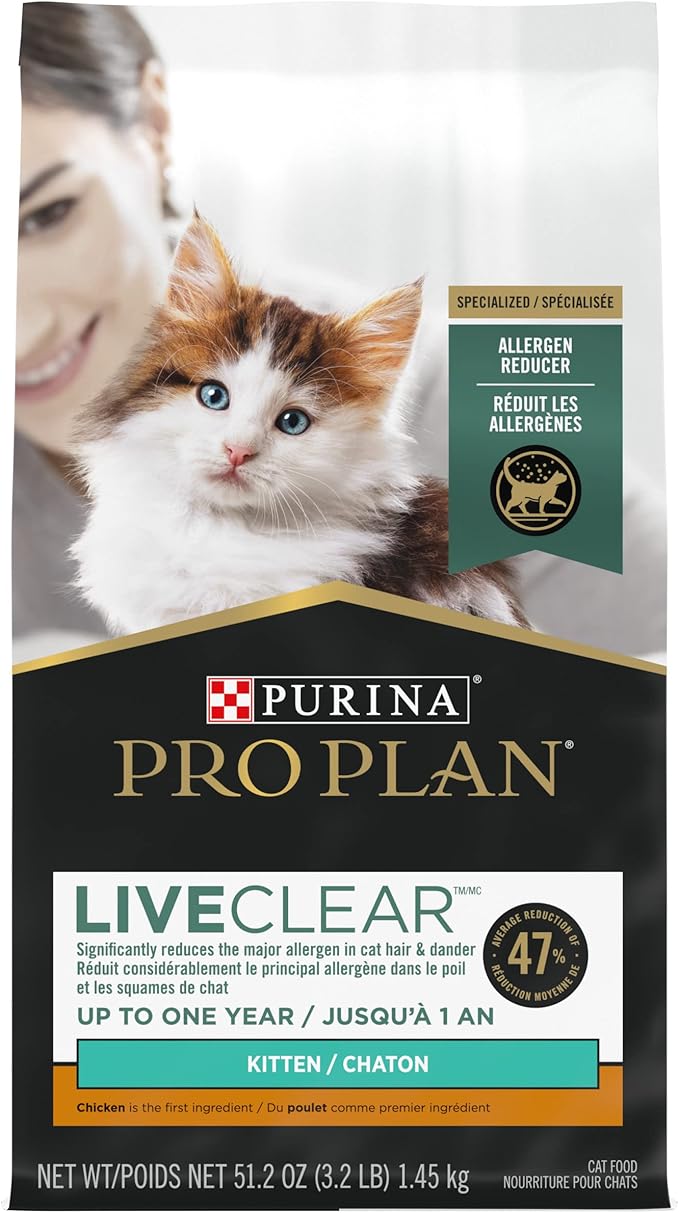 Purina Pro Plan LiveClear Dry Cat Food for Kittens Cat Allergen Reducer Chicken and Rice Formula - 3.2 lb. Bag