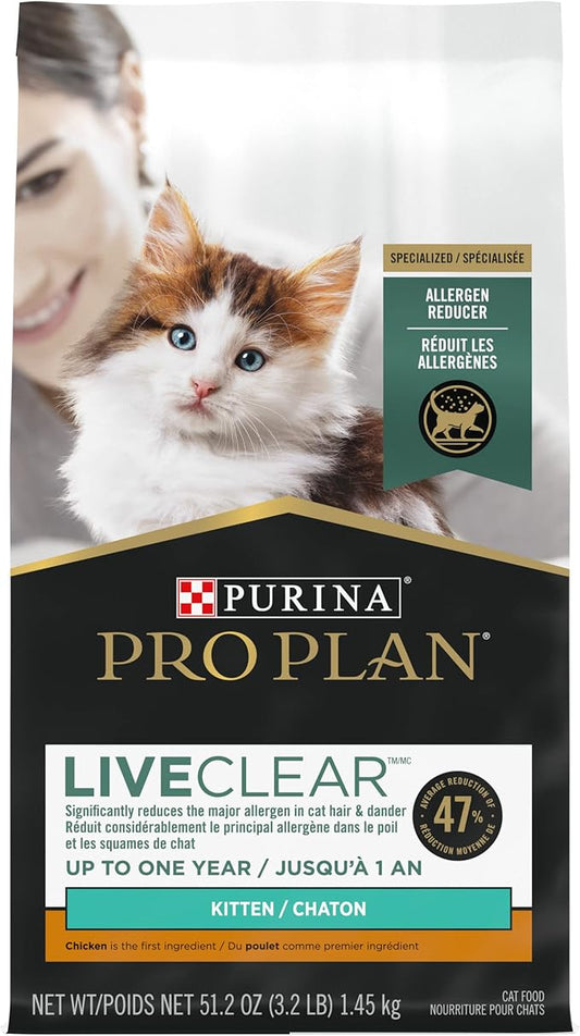 Purina Pro Plan LiveClear Dry Cat Food for Kittens Cat Allergen Reducer Chicken and Rice Formula - 3.2 lb. Bag