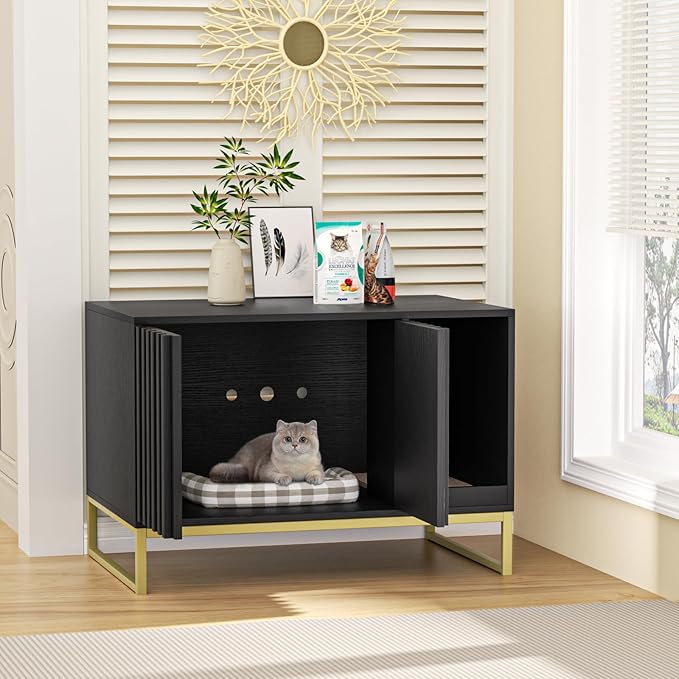 Halitaa Litter Box Enclosure, Modern Cat Litter Box Furniture Hidden Litter Box with Scratch Pad, Cat Washroom House End Table, Entryway Bench for Livingroom (Black)