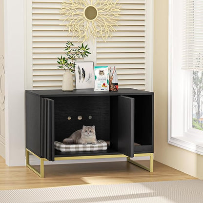 Halitaa Litter Box Enclosure, Modern Cat Litter Box Furniture Hidden Litter Box with Scratch Pad, Cat Washroom House End Table, Entryway Bench for Livingroom (Black)