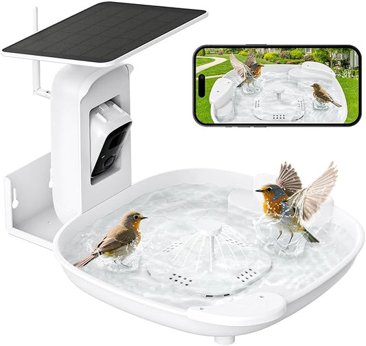 HARYMOR Bird Bath with Camera, Automatic Water Flowing, 2K Bird Camera Captures Bird Activity, Arrival Alerts, Smart AI Identifies Species, Live Video, Solar-Powered, Unheated—Enjoy Watching Birds