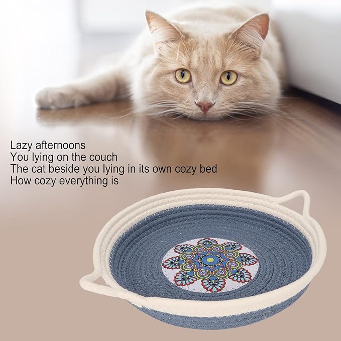 Cotton Rope Woven Cat Bed Simple Hand Woven Double Sided Cat Bed Basket for All Seasons(Dusty Blue)