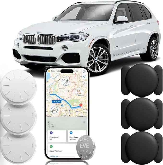 Car GPS Tracking Device for Vehicles, 3PCS Real Time Car GPS Tracker for Car Work with Find My (iOS Only),Hidden Mini GPS Tracker,No Monthly Fee (White Tracker, Black Magnetic Case)