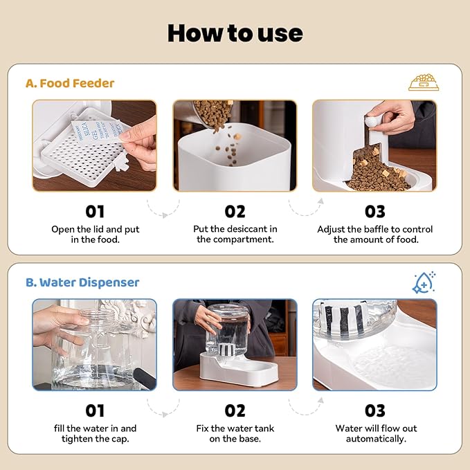 JUNSPOW Automatic Cat Feeder Dog Water Bowl Dispenser Set, Adjustable Food Dispensing & Keep Food Dry, Auto Pet Feeder and Waterer for Cats and Dogs