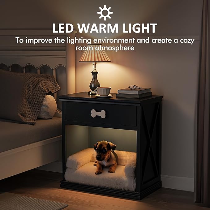 Vintage Small Storage Cabinet with Led Light and Pet Bed, Hidden Cat Litter Box with Drawer and Semi-Open Space