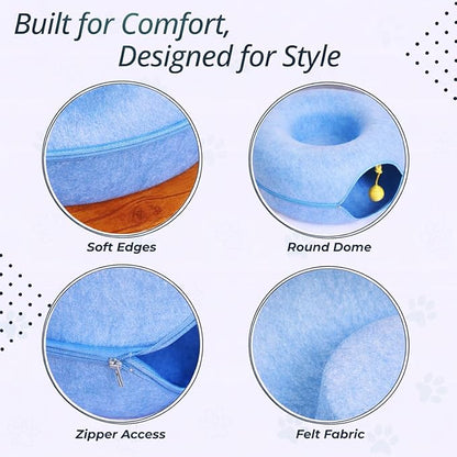 Peekaboo Cat Tunnel Bed with Hanging Ball Toy – Large Cat Tunnels for Indoor Cats up to 30lbs – Round Cat cave Bed with Scratch-Resistant, Easy to Wash & Cozy Design (Blue, Large)