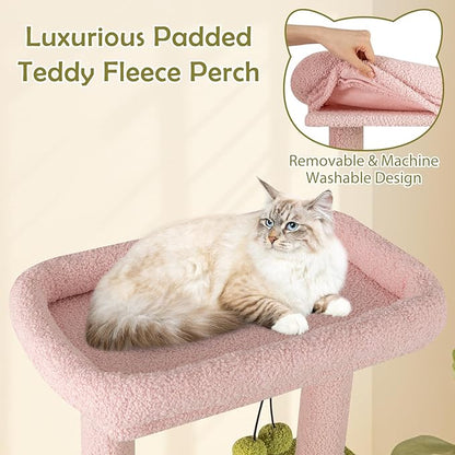 PETSITE 58-inch Flower Cat Tree, Multi-Level Cat Tower with Sisal Scratching Posts and Board, Cat Condo, Side Basket, and Dangling Balls, Cute Pink Cat Tree Tower for Indoor Cats