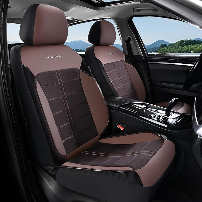 Coverado 3D Air Mesh Front Car Seat Cover, Sports Carbon Fiber Design, Breathable Seat Protectors Airbag Compatible Comfort Universal for Most Cars, Van,Trucks, SUV, Brown