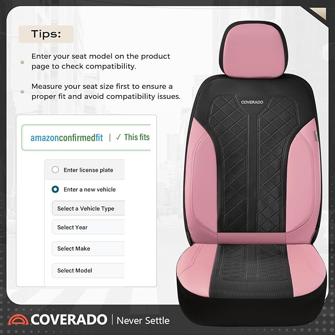 Coverado Car Seat Covers 2-Pack, Luxury Front Seat Covers, Automotive Car Seat Protectors, Pink Driver Seat Covers Universal Fit for SUVs, Trucks, Sedans