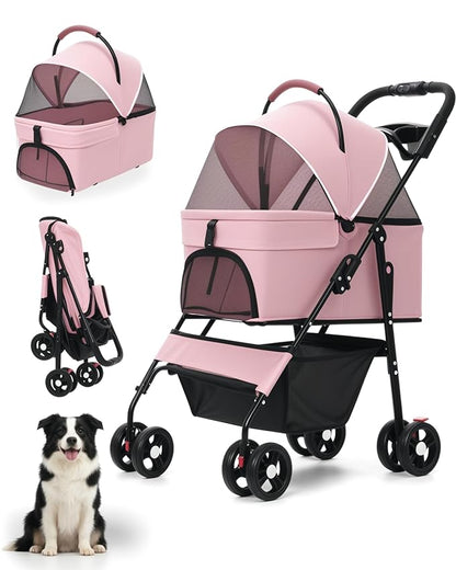 Pet Stroller with Removable Carrier, 35lbs Capacity - One-Click Foldable Dog Stroller, Cat Carrier & All-Terrain Wheels, Compact Travel Pet Stroller for Small to Medium Pets-Pink