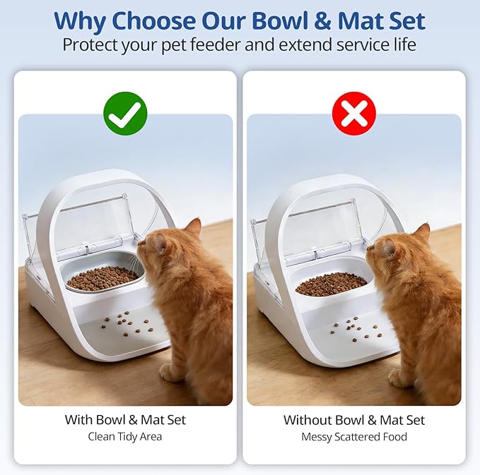Bowl & Mat Set for Automatic Microchip Cat Feeder, 1 Flat & 1 Split Bowl with Sealing Ring + 1 Mat, Keep Food Fresh, Easy to Clean (Grey)