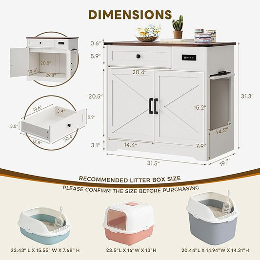 LIKIMIO 31.5" Smart Cat Litter Box Enclosure with LED Odor Control, Farmhouse Hidden Cat Litter Box Furniture with Hinged Entrance and Drawer, Litter Box Cabinet for Living Room, White