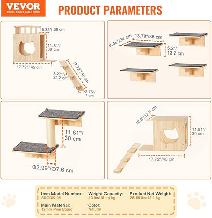 VEVOR Wall Mounted Cat Shelves, Cat Wall Shelves and Perches with Jumping Boards, Cat Beds, Hammocks & Cat Tree, Cat Furniture and Shelves up to 40 lbs for Sleeping, Playing, Climbing, Set of 9