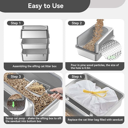 XXL All Stainless Steel Sifting Litter Box for Pine Pellets,Sifting Cat Litter Box with Lid,16''High Sides Metal Sifter Litter Pan System for Big Cats,Odor Control,Easy to Clean