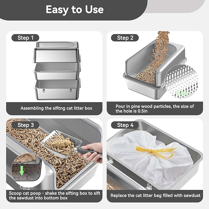 XL Stainless Steel Sifting Litter Box for Pine Pellets,Sifting Cat Litter Box with Lid,High Sides Metal Sifter Litter Pan System for Big Cats,Odor Control,Easy to Clean