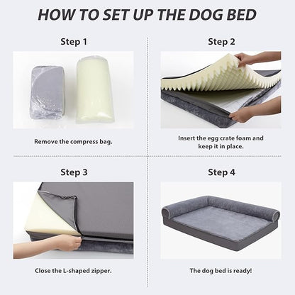 KSIIA Orthopedic Dog Bed - Waterproof for Large Dogs, Flannel Bolster Couch With Egg Crate Foam, Removable Washable Cover & Nonskid Bottom, 36 x 27 Inch, Gray