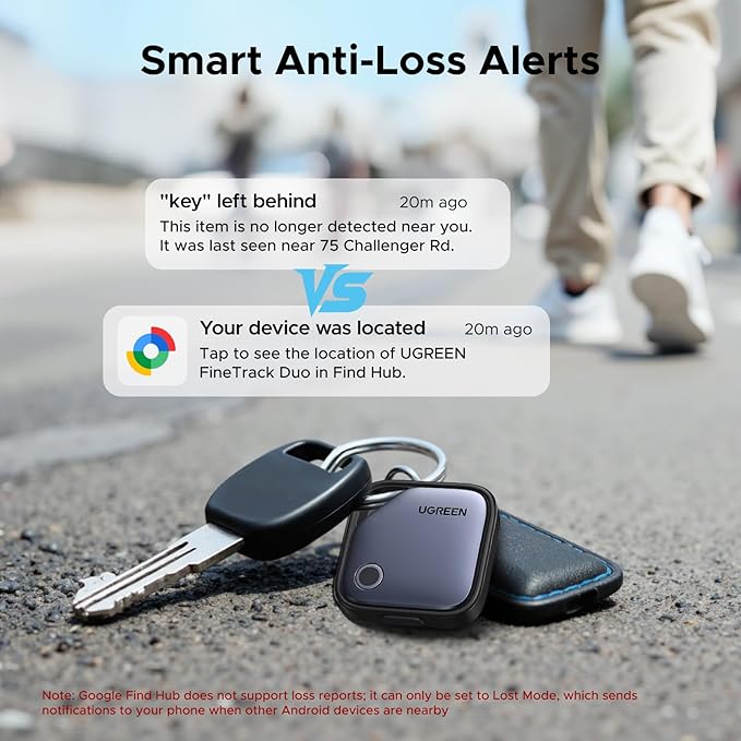 UGREEN Finder Duo (iOS and Android) Air Tracker Tags 4 Pack, Rechargeable Android Tracker Tags Bluetooth Key Finder Compatible with iOS and Android for Keys, Luggage and More