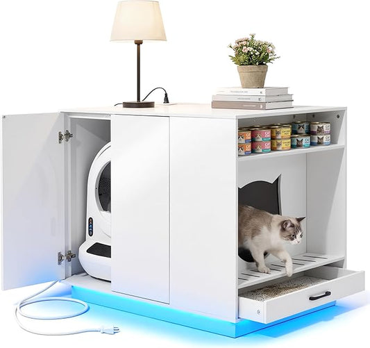 Large Hidden Litter Box Furniture with Led Light & Power Outlets, Modern Cat Litter-Box Enclosure for Self-Cleaning Litter Boxes, Indoor Wooden Storage Cat Cabinet, High-Gloss White
