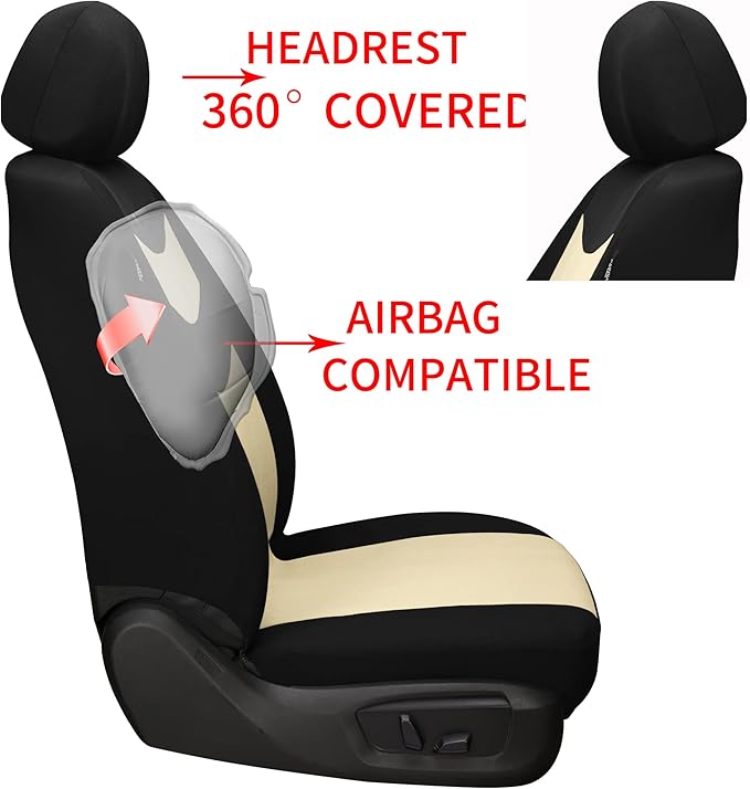 Universal Car Seat Covers for Front Seats, Cloth Front Car Seat Cover, Easy to Install, Breathable and Washable Universal Interior Covers for Auto, SUV, Sedan, Van, Airbag Compatible, Black & Beige