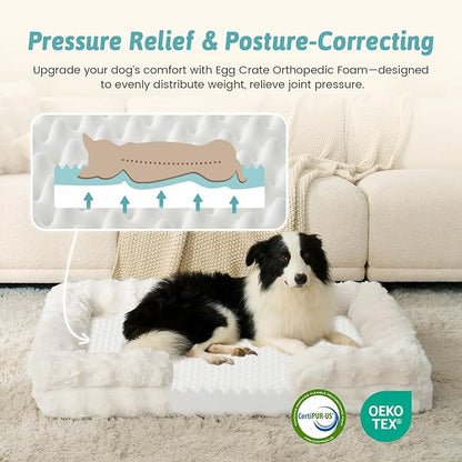 COZY KISS Orthopedic Dog Bed for Extra Large Dog 44x32 inch, XL Faux Fur Pet Sofa, Bolster Foam Bed with Sides, Non-Slip and Egg-Crate Big Dog Couch Bed with Washable Removable Cover, Beige