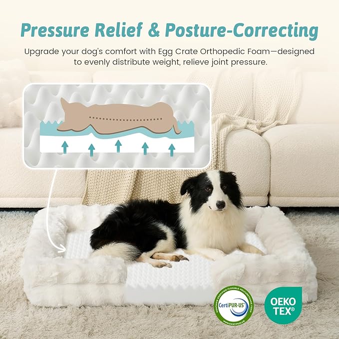 COZY KISS Orthopedic Dog Bed for Large Medium Size Dog, Soft and Warm Faux Fur Sofa for Pet Up to 75 lbs, Foam Bolster Anti-Slip Couch with Washable Removable Cover, L 36x27x6.5 inch, Beige