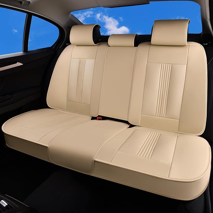 Huidasource Beige Rear Seat Cover, Nappa Leather Back Seat Cover with Ventilation Holes, Velcro Adjustable, Compatible with Armrests, Seat belts, Child Safety Seats, Fit for Most Cars SUV Truck, Beige