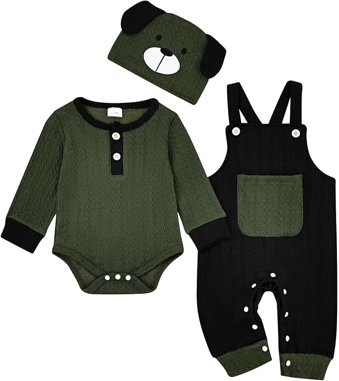 FOCUTEBB Baby Boy Clothes Cute Long Sleeve Romper Infant Pocket Overalls Adjustable Suspender Pants Set 0-18 Months
