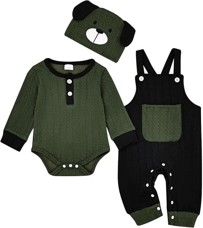 FOCUTEBB Baby Boy Clothes Cute Long Sleeve Romper Infant Pocket Overalls Adjustable Suspender Pants Set 0-18 Months